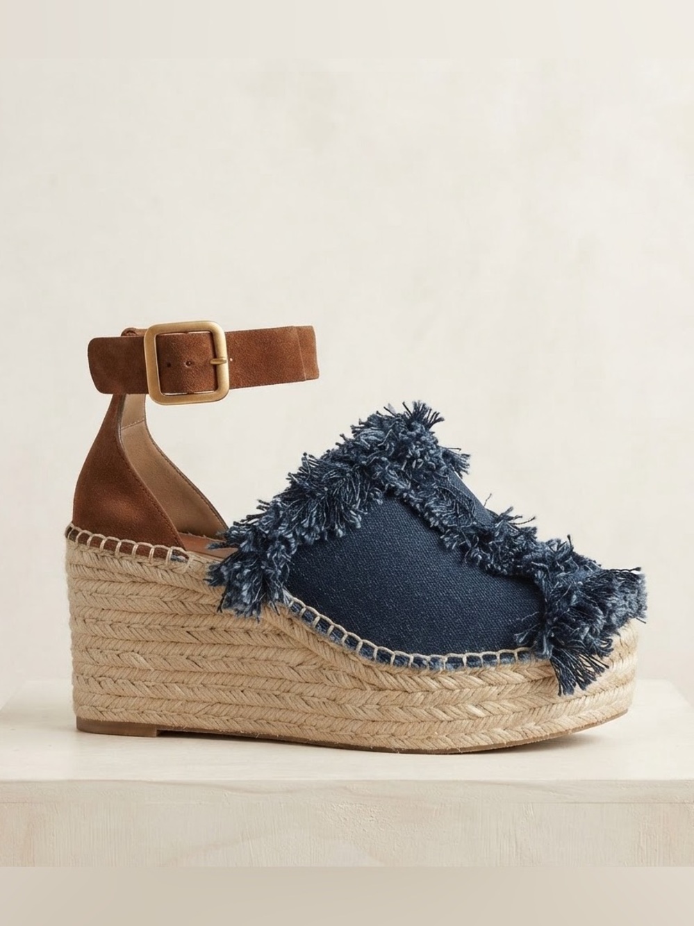Chloe Navy Denim Fringed Espadrille Wedge Sandals with Brown Ankle Strap
